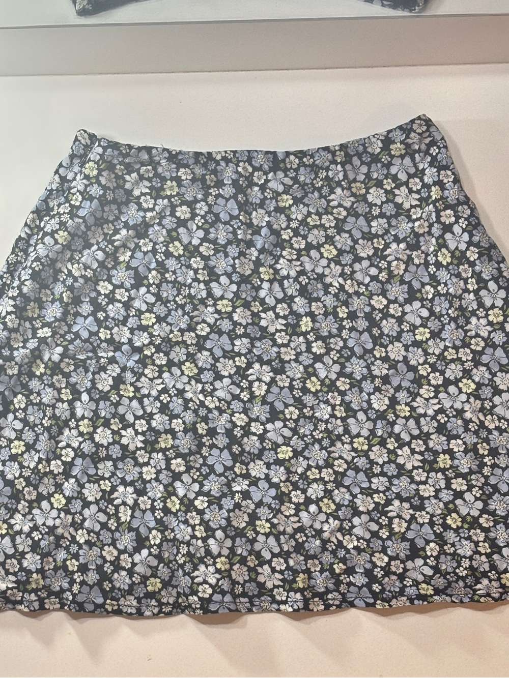 Floral A-Line Skirt in Black with Blue & White Flowers